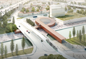 Image d'une maquette d'architecte de la future gare du Grand Paris Express appelée "Pont de Bondy"  
